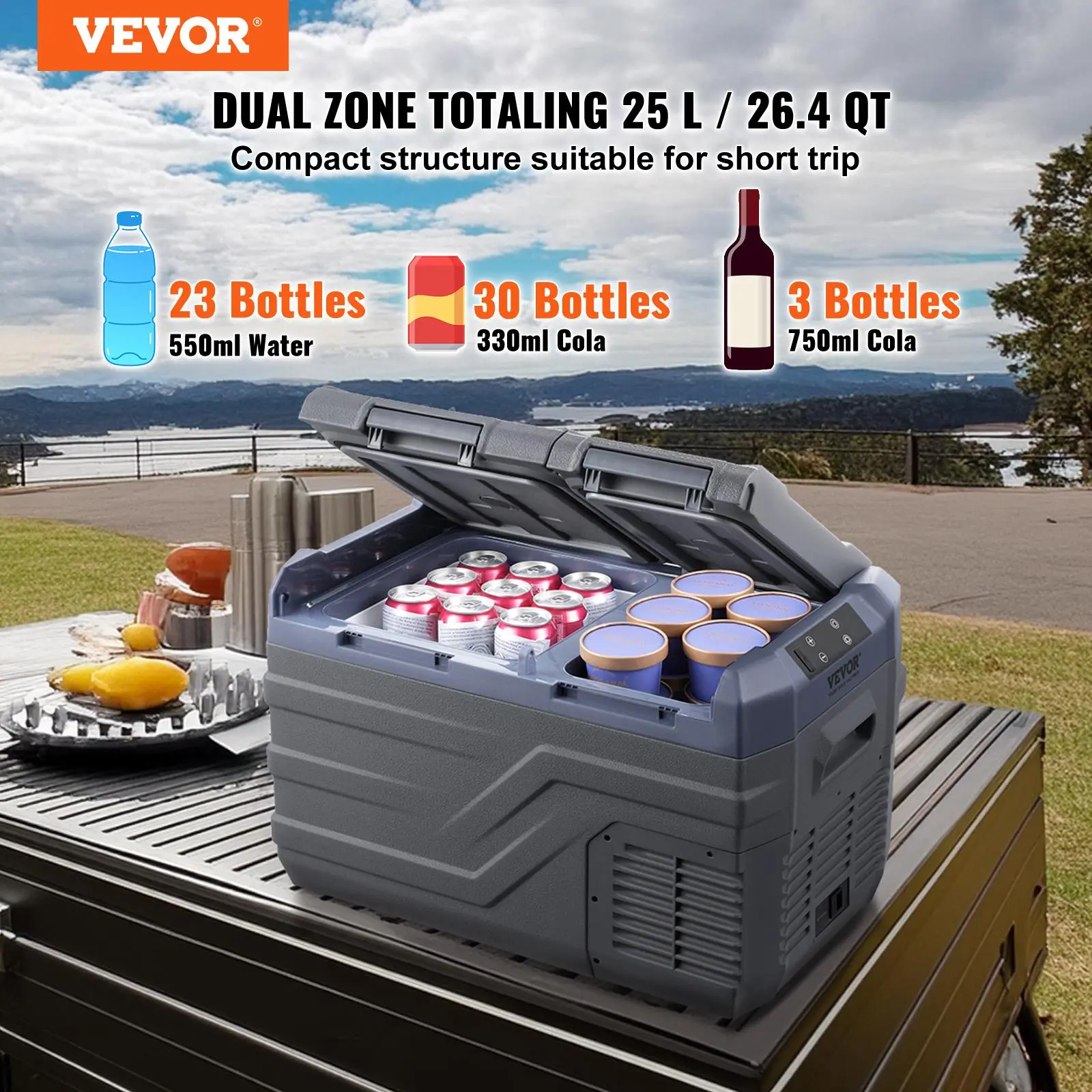 VEVOR 25L Portable Car Refrigerator Freezer | Dual Zone, Bluetooth App Control, -20°C to 20°C | 12V/24V/110-240V