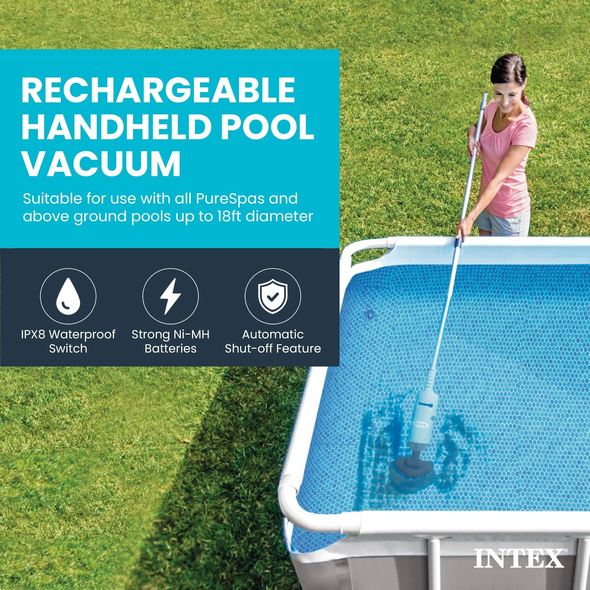 Intex Rechargeable Handheld Pool Vacuum Cleaner with 94" Telescoping Shaft & 2 Brush Heads