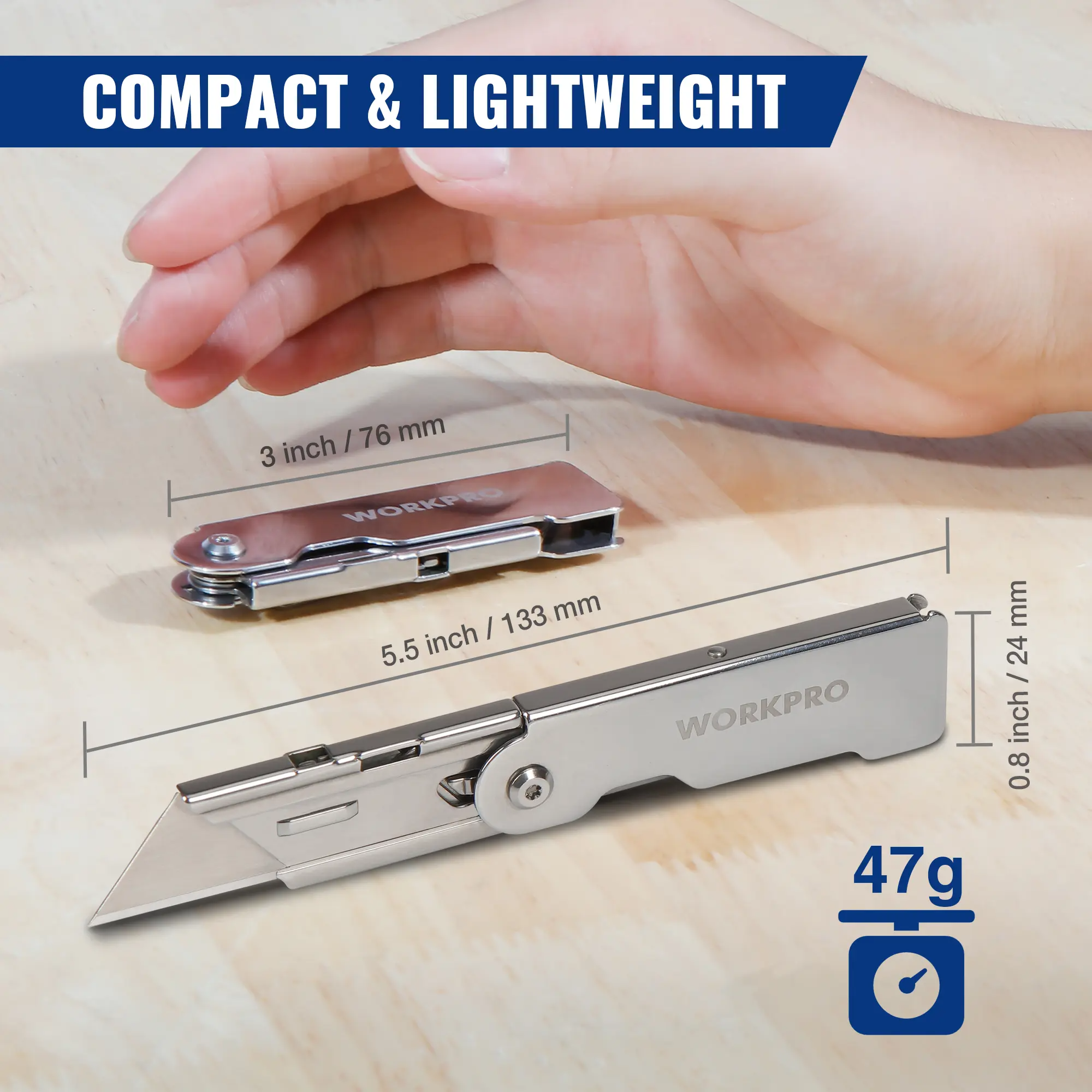 Quick-Change Folding Pocket Utility Knife | Belt Clip, Stainless Steel, Accepts All Standard Blades