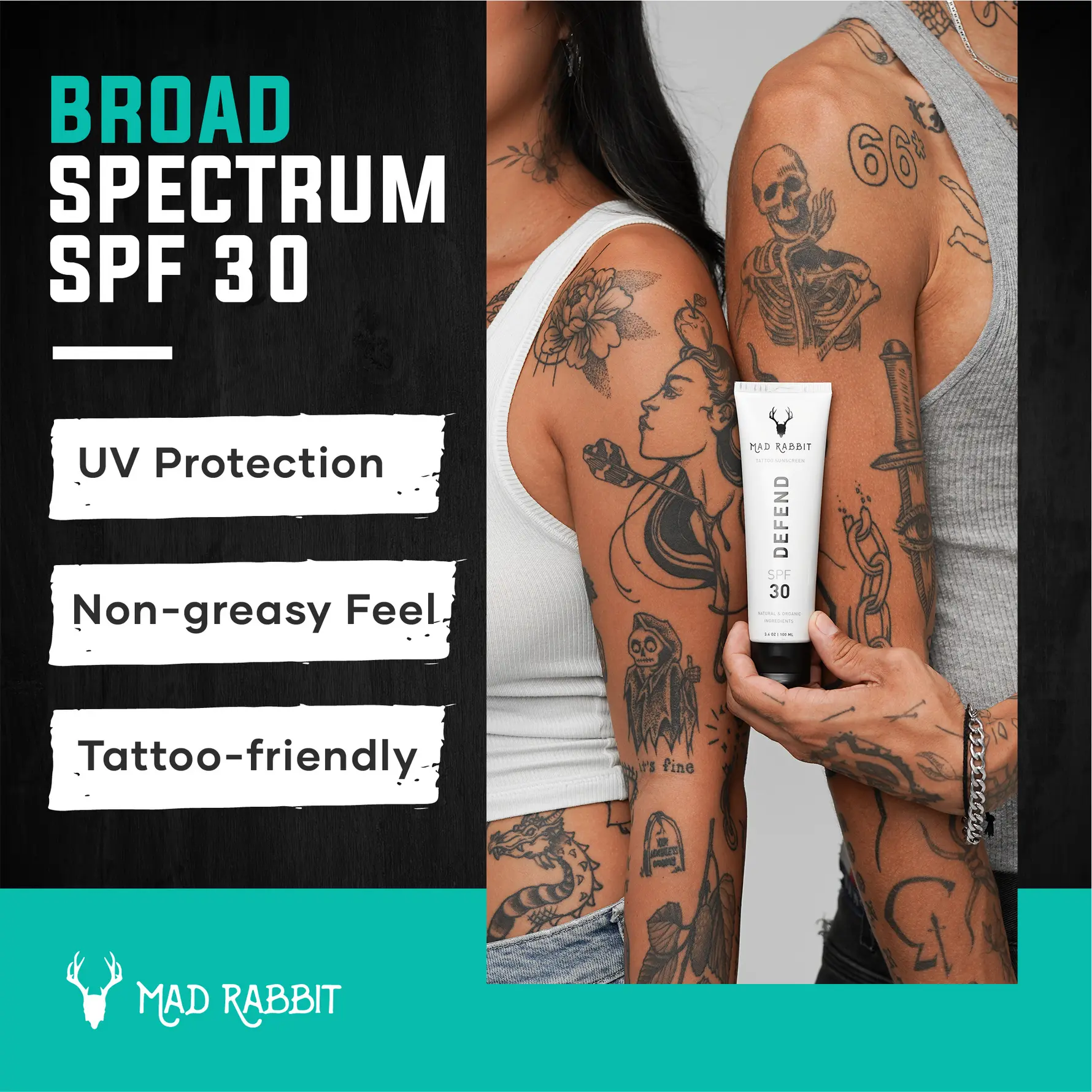 Mad Rabbit Defend Tattoo Sunscreen SPF 30 | 100% Mineral, Reef-Safe, Anti-Fade (3.4 oz)