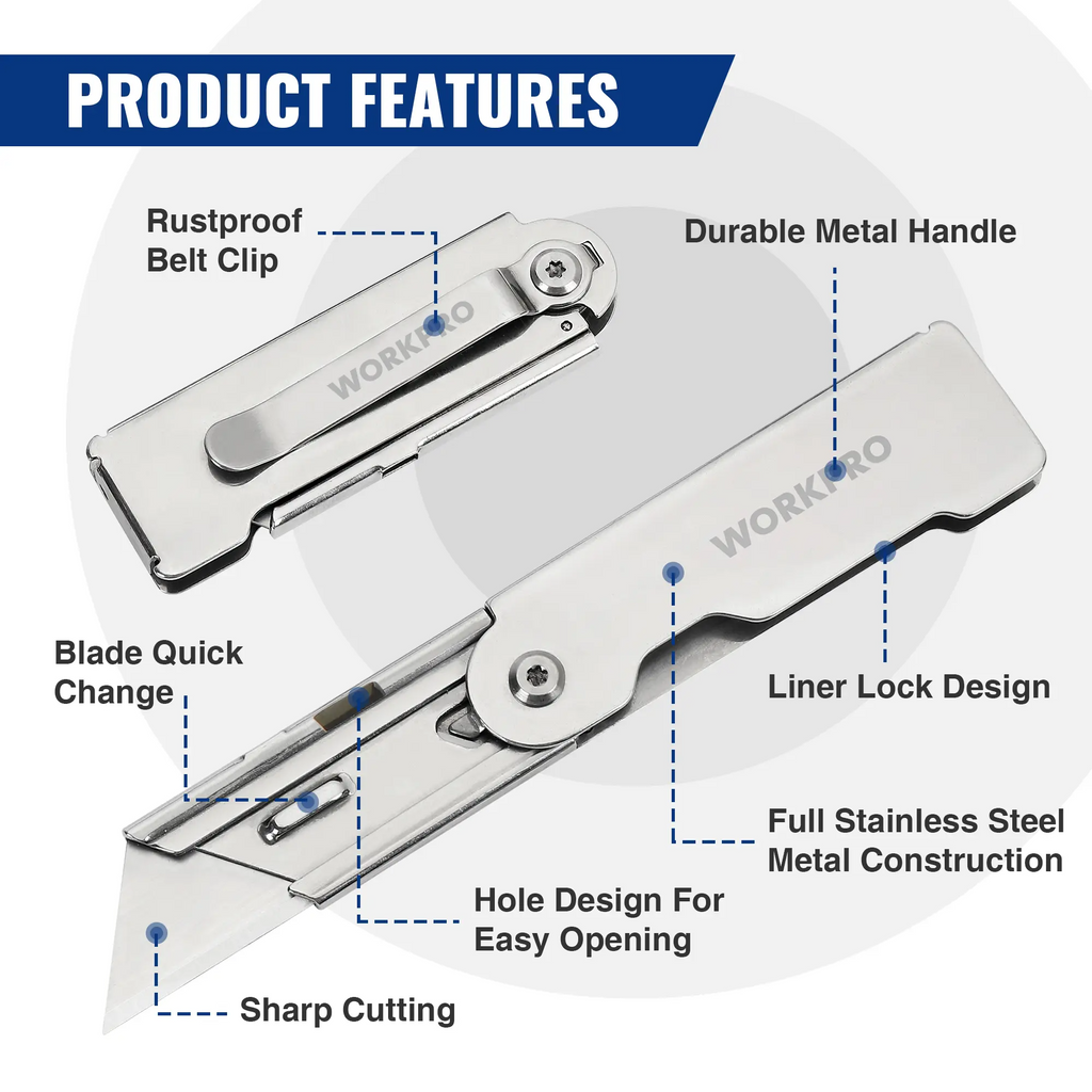 Quick-Change Folding Pocket Utility Knife | Belt Clip, Stainless Steel, Accepts All Standard Blades