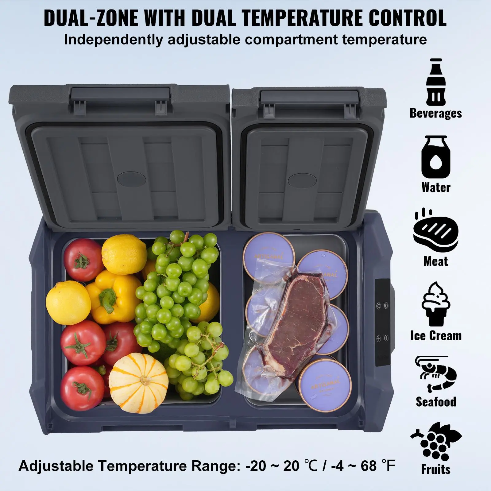 VEVOR 25L Portable Car Refrigerator Freezer | Dual Zone, Bluetooth App Control, -20°C to 20°C | 12V/24V/110-240V
