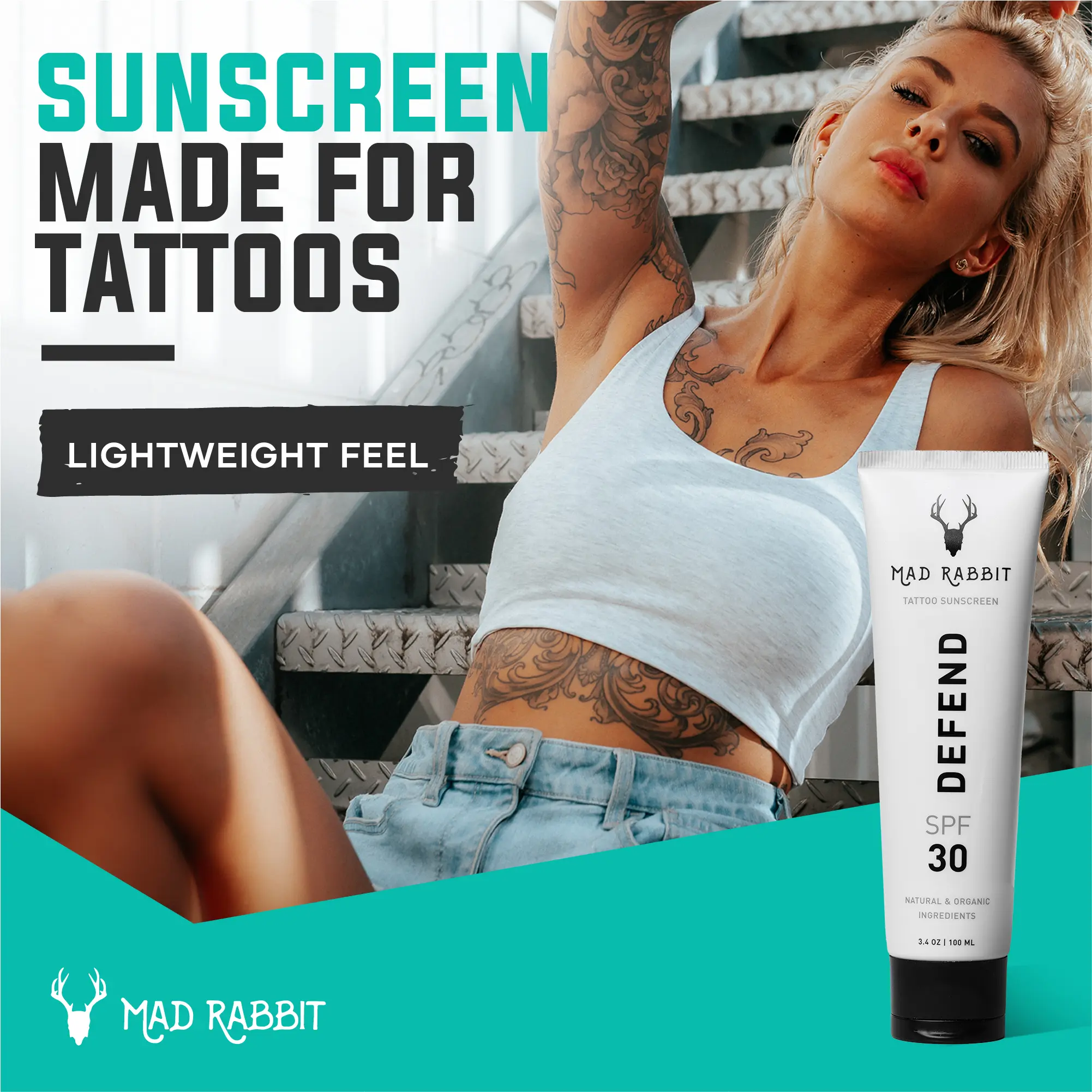 Mad Rabbit Defend Tattoo Sunscreen SPF 30 | 100% Mineral, Reef-Safe, Anti-Fade (3.4 oz)