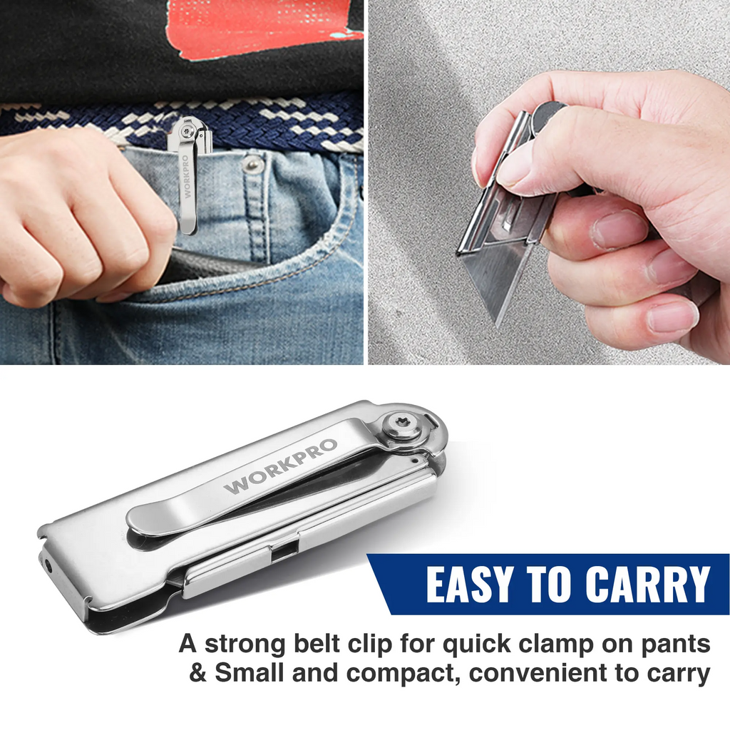 Quick-Change Folding Pocket Utility Knife | Belt Clip, Stainless Steel, Accepts All Standard Blades