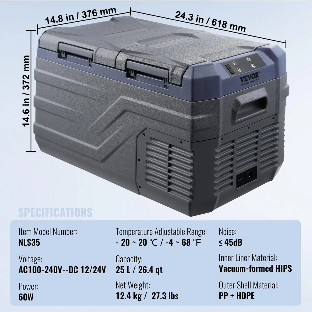 VEVOR 25L Portable Car Refrigerator Freezer | Dual Zone, Bluetooth App Control, -20°C to 20°C | 12V/24V/110-240V