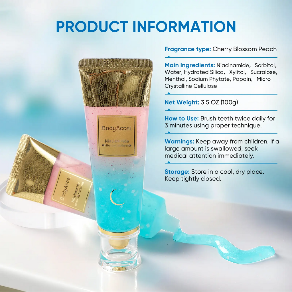 BodyAccel Niacinamide Whitening Toothpaste | Triple Whitening, Fluoride-Free, Peach Flavor | 100g