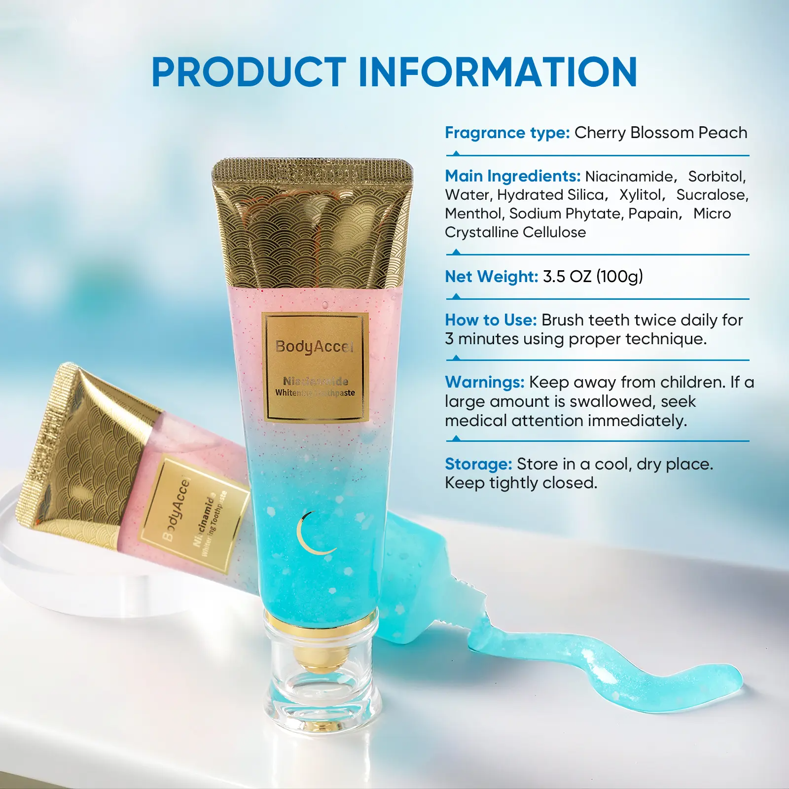BodyAccel Niacinamide Whitening Toothpaste | Triple Whitening, Fluoride-Free, Peach Flavor | 100g