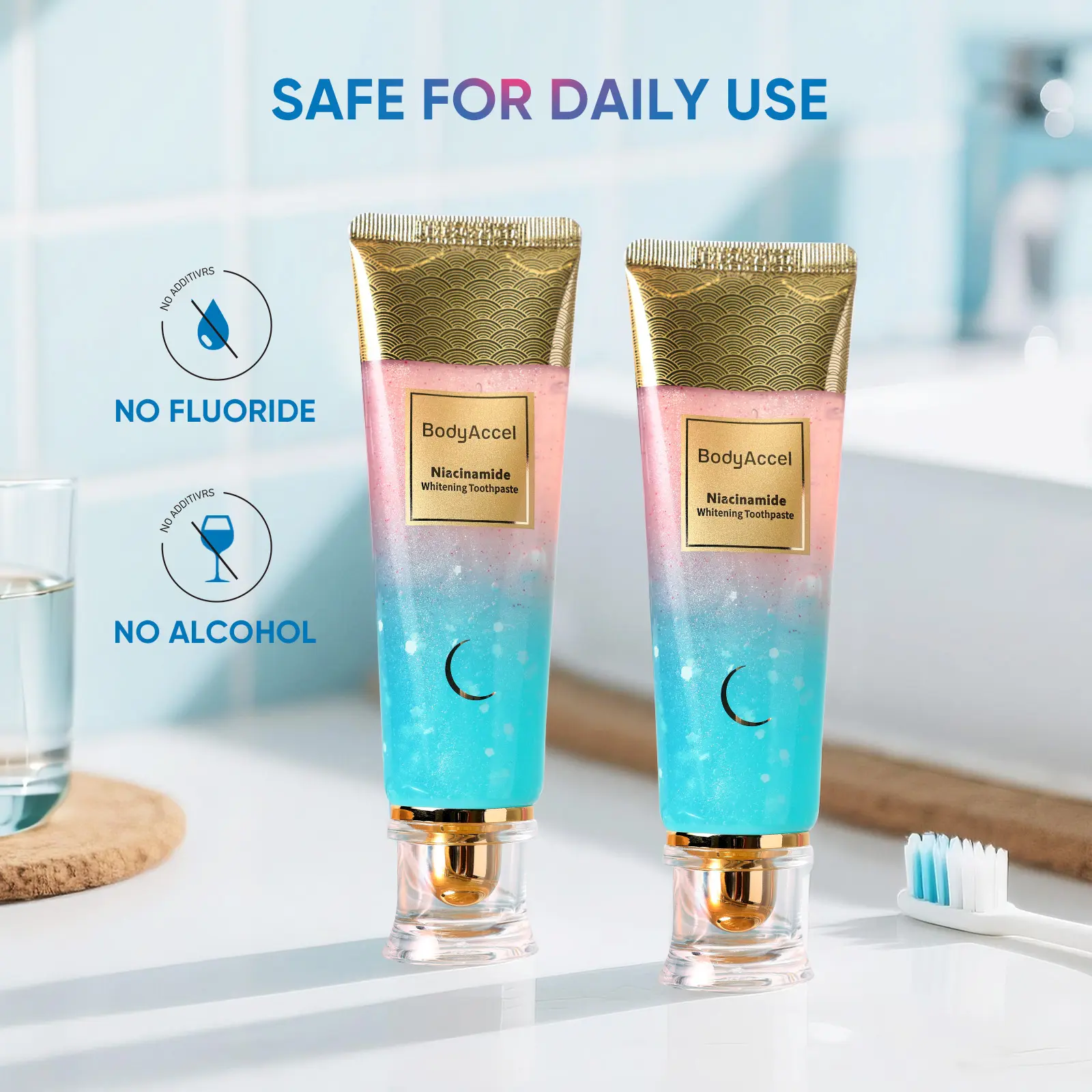 BodyAccel Niacinamide Whitening Toothpaste | Triple Whitening, Fluoride-Free, Peach Flavor | 100g